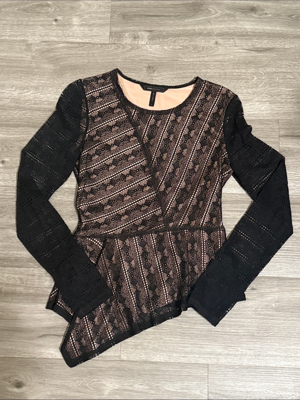 BCBGMaxAzria Black and Blush Lace Peplum Blouse